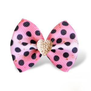 Ręcznie Robiona Kokardka Glamour Różowa w Kropki Złote Serce 4,5cm KGHB03